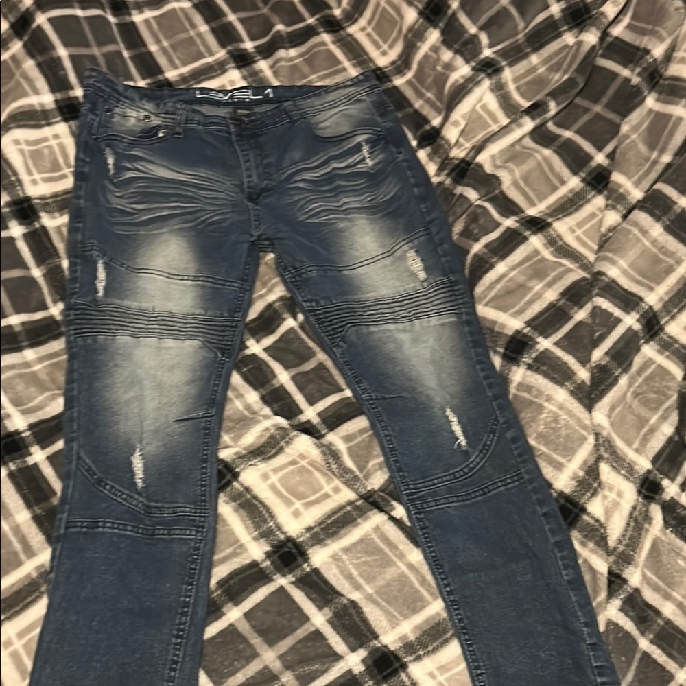 Blue Slim Straight Jeans with Distressing and Fading